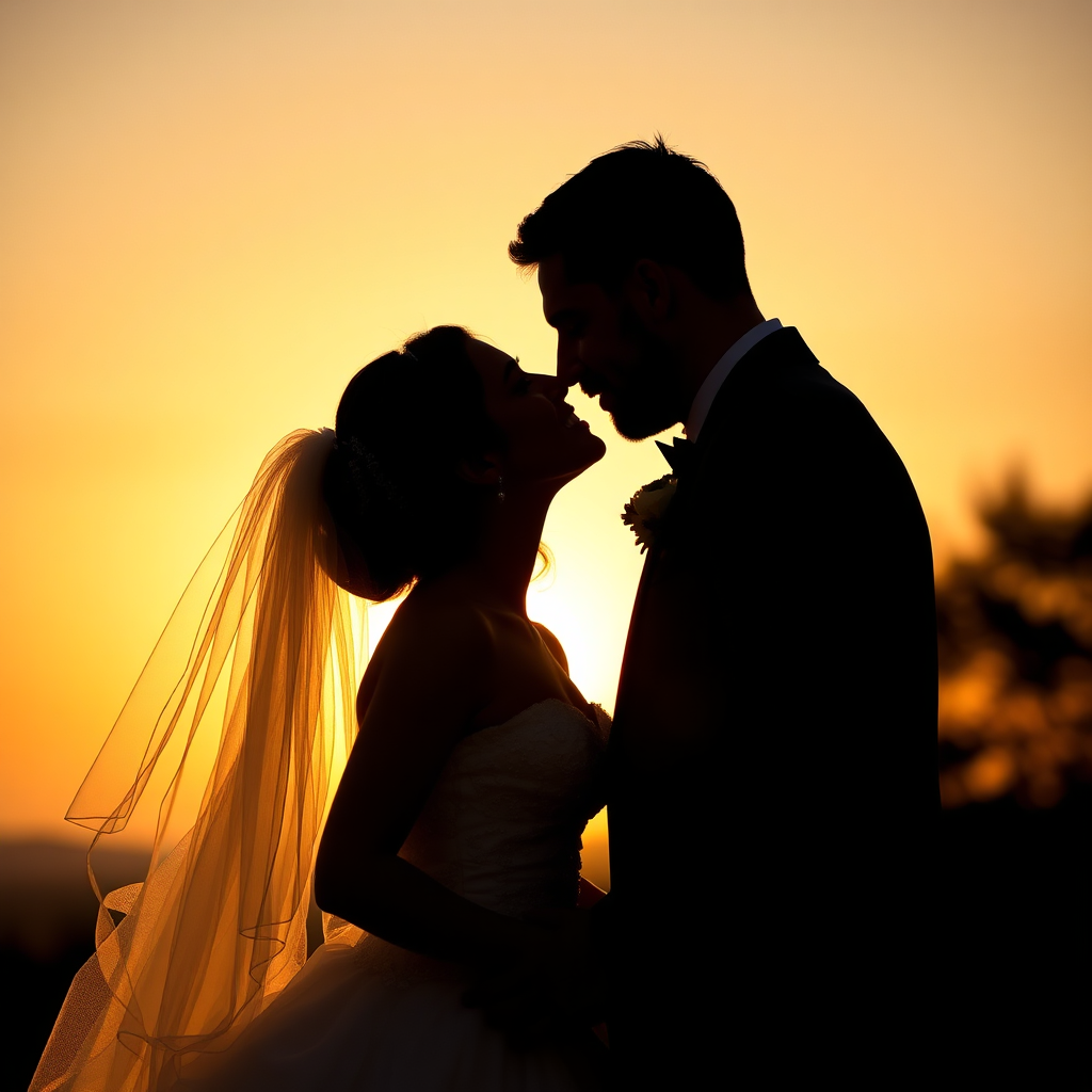 A bride and groom silhouetted against a sunset, sharing a kiss. The scene is romantic and ethereal, capturing the magic of a wedding day. The lighting is warm and golden, creating a sense of intimacy and joy. The image represents the photographer's expertise in capturing stunning wedding moments. 8k resolution, hyperrealistic.