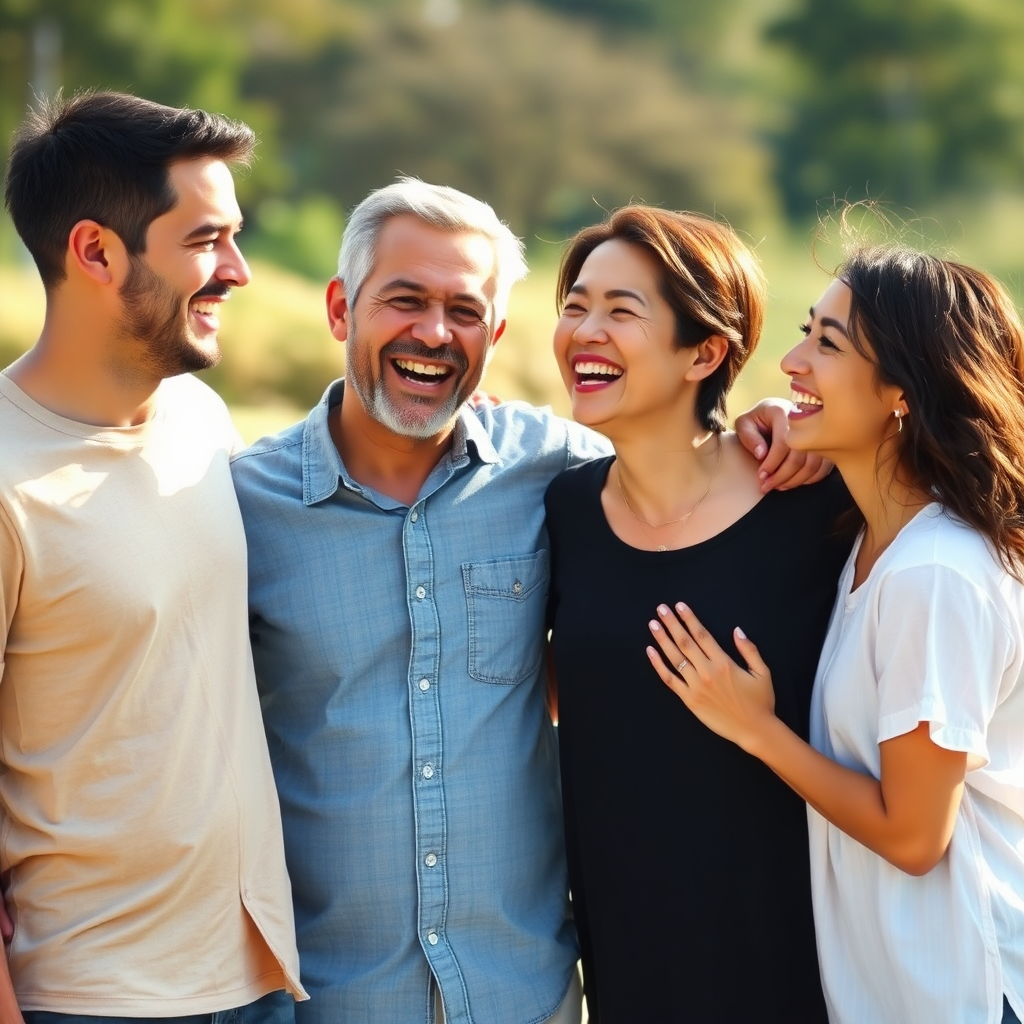 A candid photograph of a family laughing together during a photoshoot. They are in a natural setting, perhaps a park or a beach. The lighting is natural and flattering, capturing the joy and spontaneity of the moment. The composition is loose and informal, emphasizing the genuine connection between the family members. The image should convey happiness and authenticity, highlighting the photographer's ability to capture real emotions. 8k resolution, hyperrealistic.