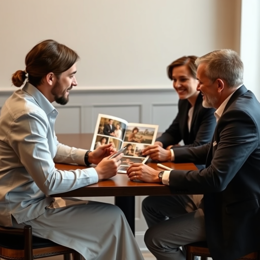 A candid shot of Arwin Lubbers talking to a couple during a pre-wedding consultation. They are sitting at a table, reviewing sample photos and discussing their vision for the wedding day. The atmosphere is relaxed and collaborative. The focus is on the interaction between the photographer and the couple, emphasizing his attentive listening and personalized approach. The lighting is soft and natural, creating a warm and inviting atmosphere. The image should convey trust and empathy, highlighting his commitment to understanding his clients' needs. 8k resolution, photorealistic.