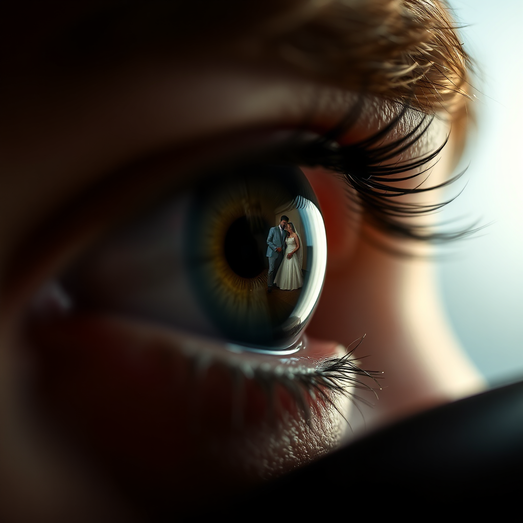 A close-up, artistic shot of a photographer's eye looking through the camera viewfinder. The reflection in the eye shows a montage of wedding scenes, family portraits, and baby photos, representing the photographer's diverse skill set and creative vision. The lighting is dramatic and evocative, emphasizing the passion and artistry behind the lens. The image should convey creativity and imagination, highlighting his ability to capture unique and compelling images. High resolution 8k, hyperrealistic, shallow depth of field to focus on the eye.