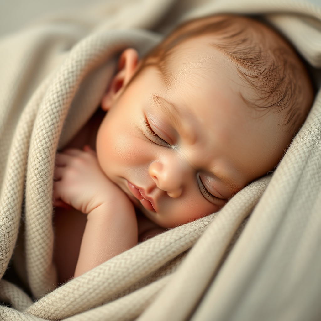 A close-up shot of a newborn baby sleeping peacefully. The baby is wrapped in a soft blanket and positioned in a natural pose. The lighting is soft and gentle, creating a sense of peace and tranquility. The composition should be simple and intimate, emphasizing the baby's innocence and vulnerability. The image represents the preciousness of newborn photography. 8k resolution, hyperrealistic.