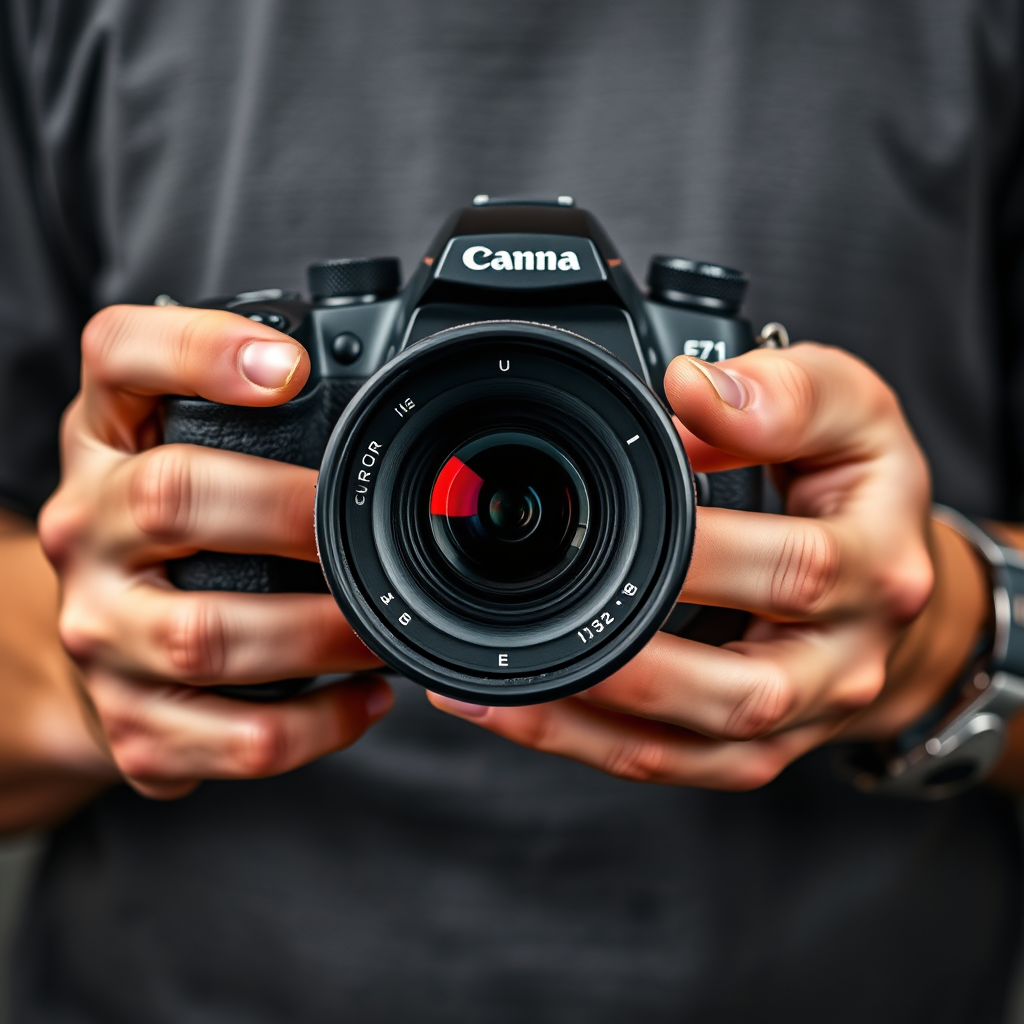 A close-up shot of a photographer's hands holding a professional camera with a large lens. The focus is on the equipment and the photographer's expertise. The lighting is sharp and detailed, highlighting the quality of the camera and lens. The image represents the photographer's commitment to using professional equipment and techniques. 8k resolution, hyperrealistic.