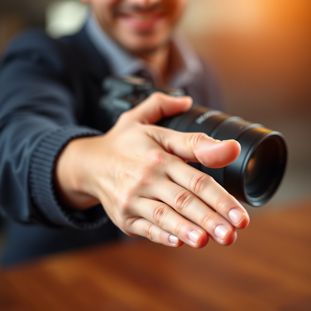 A friendly photographer extending their hand for a handshake. The background is blurred, focusing on the connection and offer of collaboration. The lighting is warm and inviting. 8k resolution, hyperrealistic.