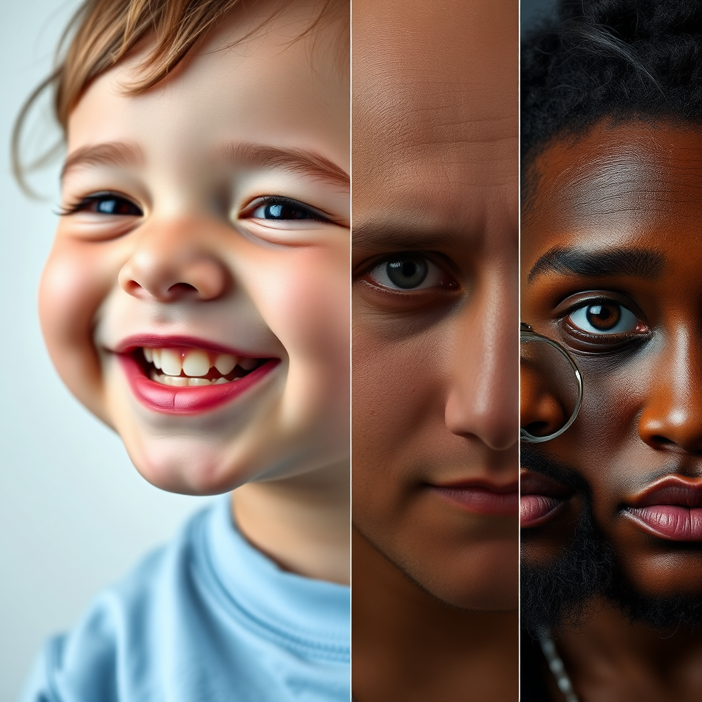 A grid of diverse portrait photographs. A close-up of a child's joyful face, a sophisticated professional headshot, and a soulful artist portrait. Each image is beautifully lit and composed to capture the essence of the subject. The composition showcases skill in different types of portraiture. 8k resolution, hyperrealistic.