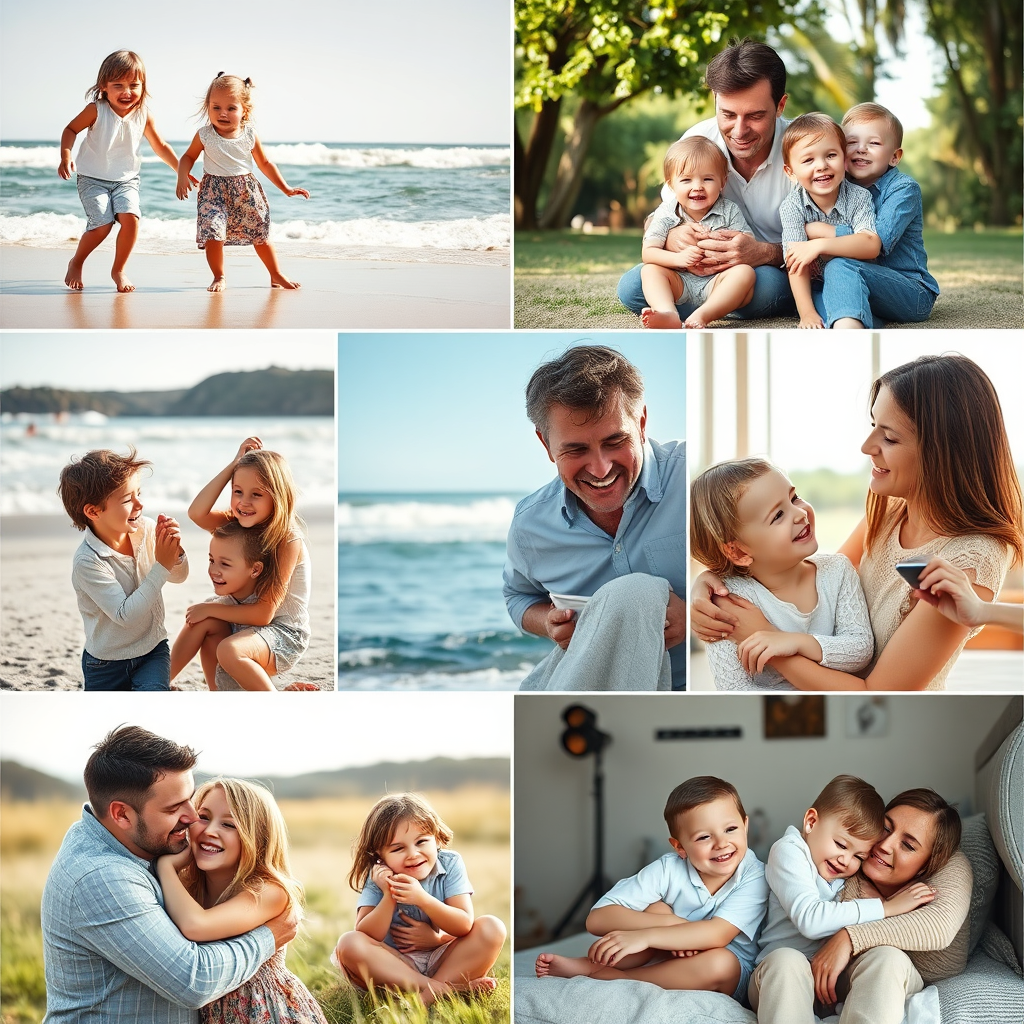 A heartwarming montage of family photographs. Images of families playing on the beach, laughing in the park, and cuddling at home. Natural light and candid expressions create a feeling of authenticity and warmth. 8k resolution, hyperrealistic.