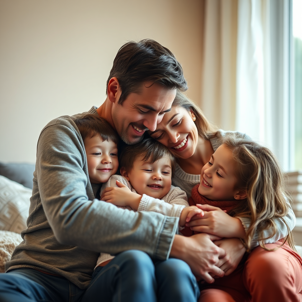 A heartwarming photograph of a family cuddling together. The scene is warm and inviting, capturing the love and connection between the family members. The lighting is soft and natural, creating a sense of peace and happiness. The image represents the photographer's ability to capture genuine family moments. 8k resolution, hyperrealistic.