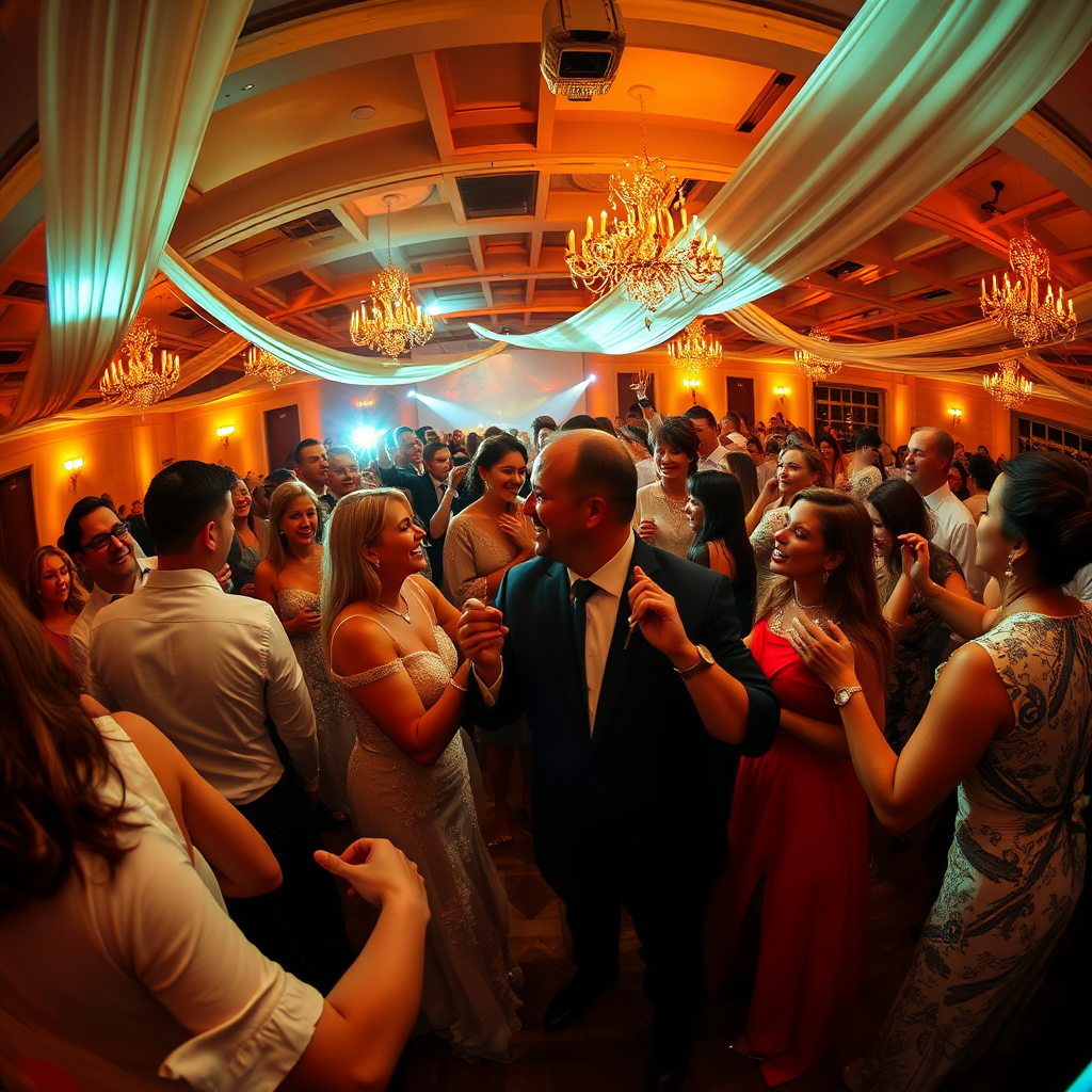 A panoramic shot of a wedding reception, capturing the lively atmosphere and joyous celebration. The scene is filled with dancing, laughter, and heartfelt moments. The lighting is warm and festive, creating a sense of excitement and energy. The composition should be dynamic and engaging, drawing the viewer into the heart of the celebration. The image represents the photographer's ability to capture the essence of a wedding day. 8k resolution, hyperrealistic.