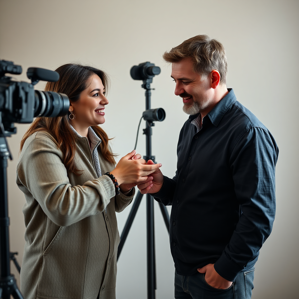 A photographer interacting with a client during a photoshoot. They are discussing poses and expressions, ensuring that the client is comfortable and satisfied. The lighting is natural and flattering, creating a relaxed and collaborative atmosphere. The image represents the photographer's commitment to client satisfaction. 8k resolution, hyperrealistic.
