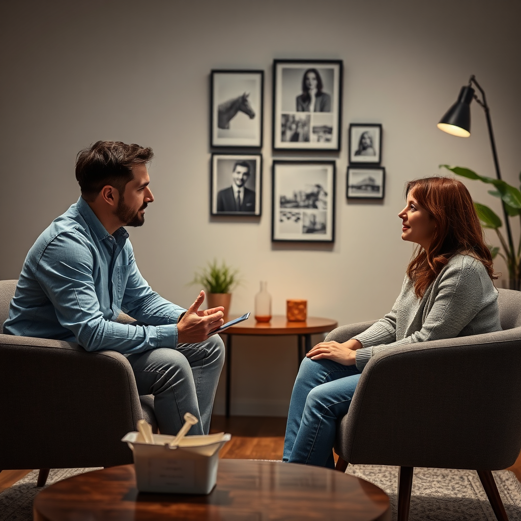 A relaxed consultation setting where a photographer is discussing photo ideas with a client. The setting is comfortable, and the atmosphere is collaborative. The photographer is listening attentively to the client's ideas. 8k resolution, hyperrealistic.