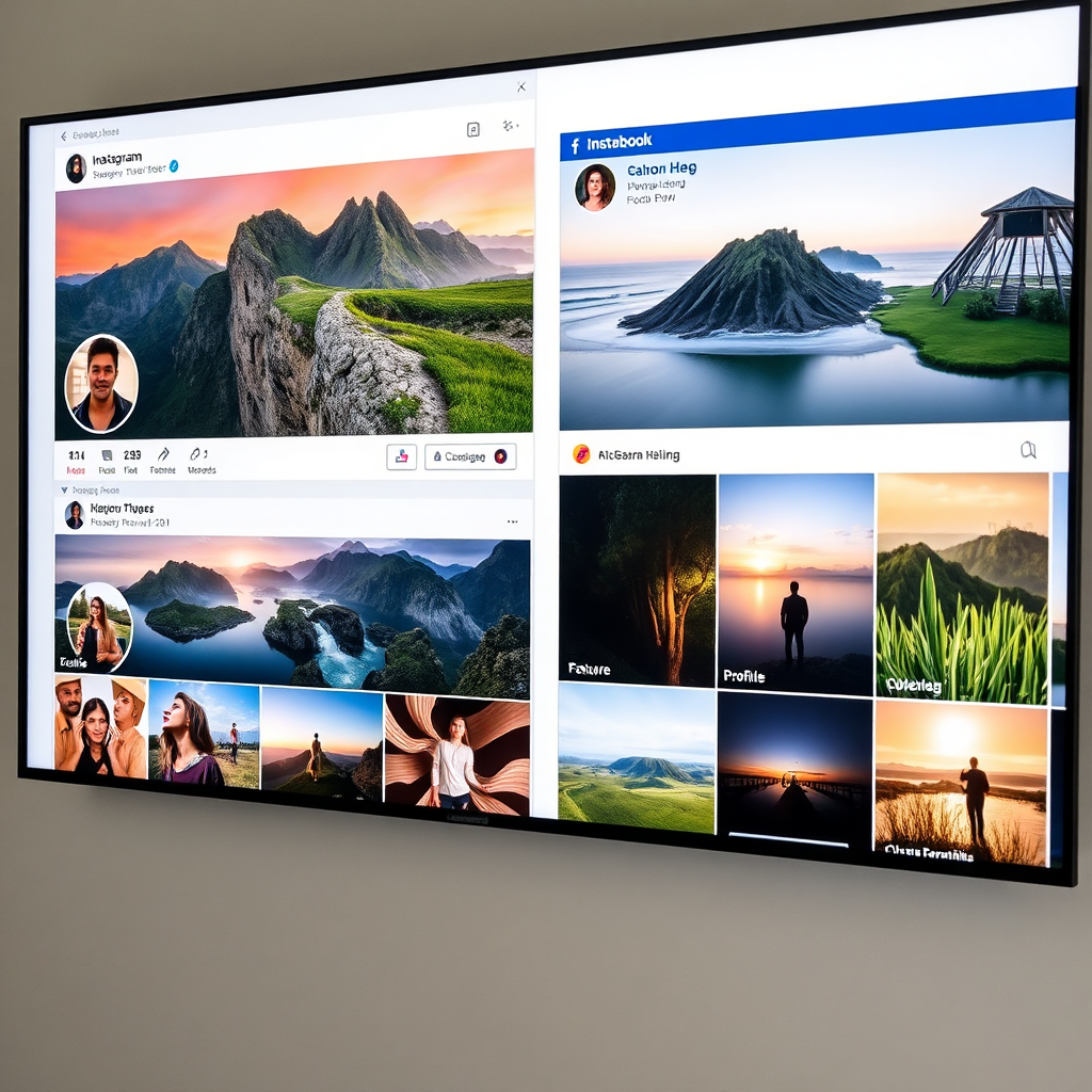 A screen displaying a photographer's social media profiles on various platforms (Instagram, Facebook). The profiles showcase a feed of beautiful photographs, representing the photographer's work and style. 8k resolution, photorealistic.