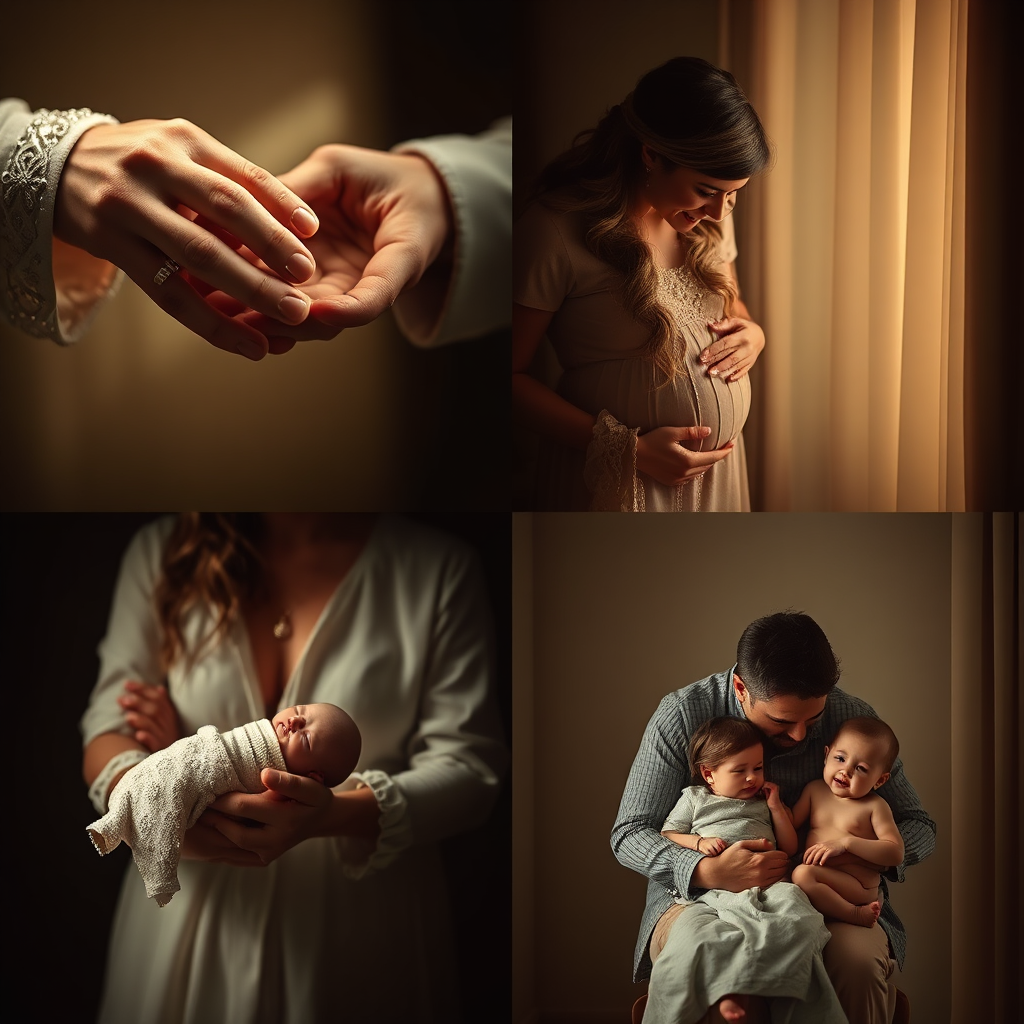A series of interconnected photographs blending seamlessly into each other. Starting with a wedding ring exchange, transitioning into a maternity shoot, then a newborn baby photo, and finally a family portrait with a growing child. The imagery should evoke a sense of time passing and a family's story unfolding. Warm and inviting lighting throughout. The composition is artistic and symbolic, representing the passage of time and the continuity of family life. 8k resolution, photorealistic.