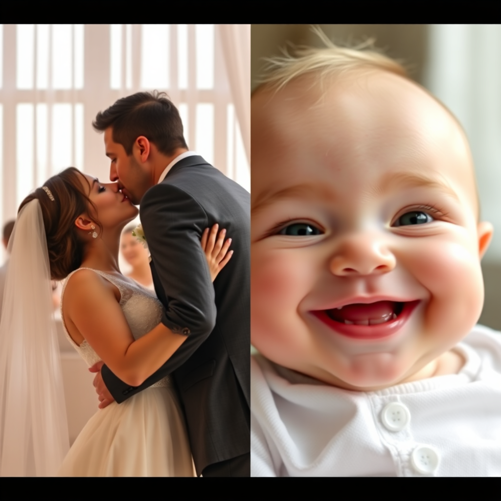 A split-screen image. On one side, a bride and groom sharing their first kiss; on the other, a close-up of a baby's smiling face. The lighting is soft and romantic on the wedding side, and bright and cheerful on the baby side. The composition should be balanced, highlighting the emotional connection in both scenes. The image represents the photographer's versatility and expertise in capturing both wedding and family moments. 8k resolution, hyperrealistic.