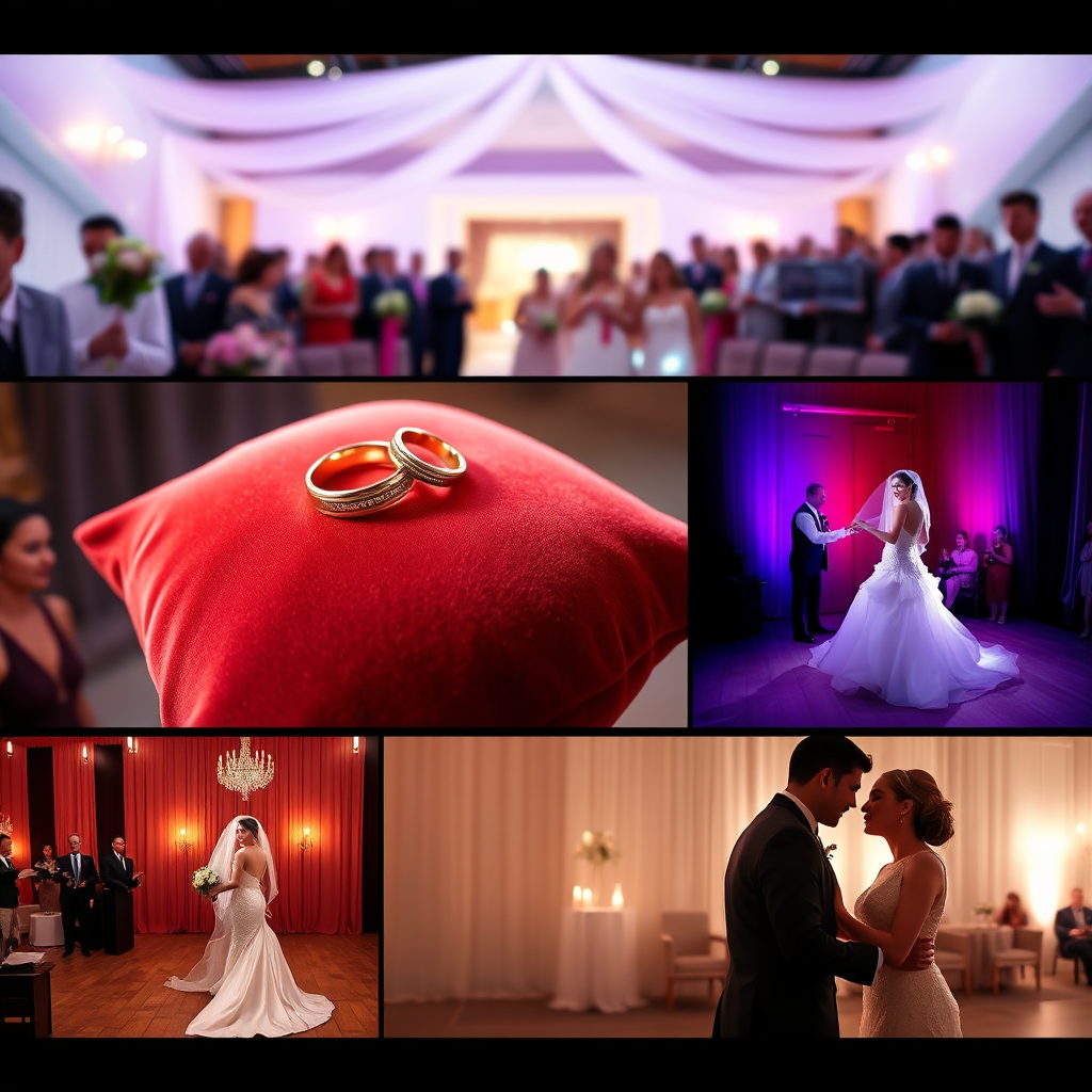 A stunning panoramic shot showcasing a variety of wedding photography styles. In one corner, a detail shot of wedding rings on a velvet pillow. Another features the bride walking down the aisle, radiant and elegant. Another shows the couple's first dance, bathed in romantic lighting. The overall effect is a compelling visual representation of the scope and artistry of wedding photography. High resolution 8k, hyperrealistic.