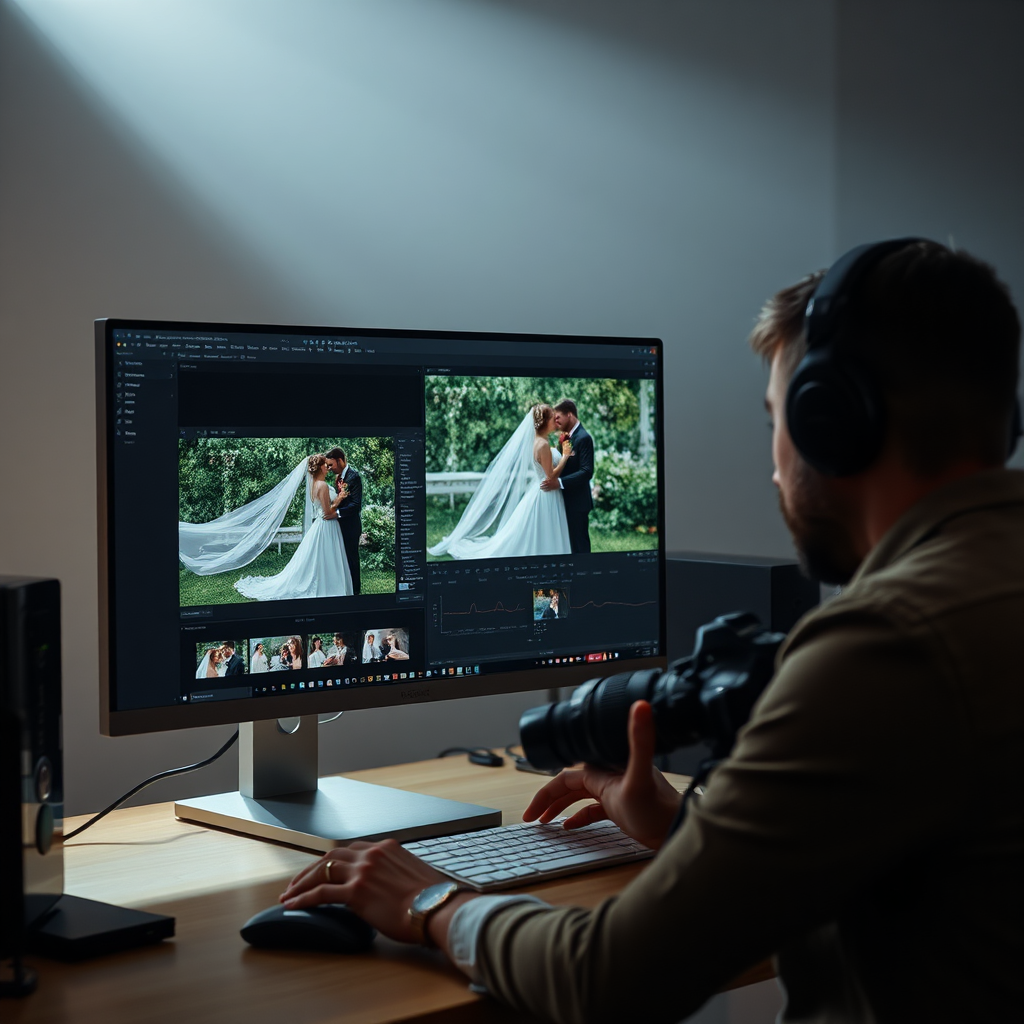 An artistic shot of a photographer working on a photo editing project on a computer. The screen displays a beautiful image of a wedding couple, showcasing the photographer's post-processing skills. The lighting is soft and diffused, creating a creative and professional atmosphere. The image represents the photographer's dedication to perfecting their craft. 8k resolution, hyperrealistic.